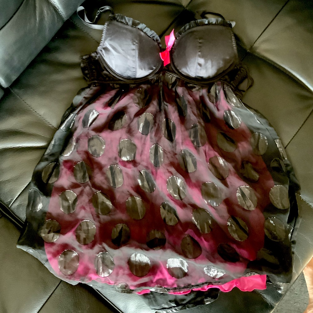 Victoria’s Secret Babydoll & Thong Set - Satin Pink Black Polka Dot